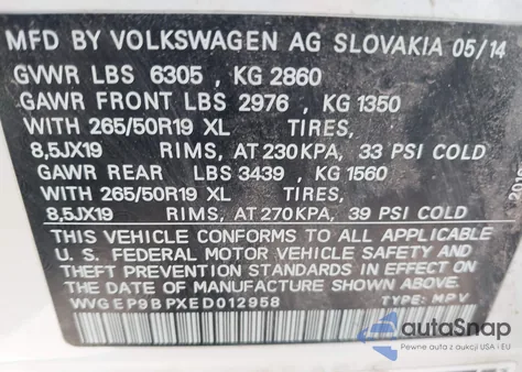2014 Volkswagen Touareg Tdi Lux z USA, uszkodzony, nr VIN WVGEP9BPXED012958